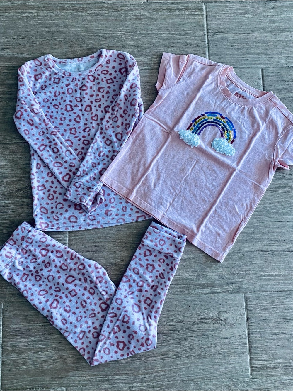 Cat & Jack Pink Rainbow Sequin Tee with Pink Leopard Pajama Set Girl Size M 8